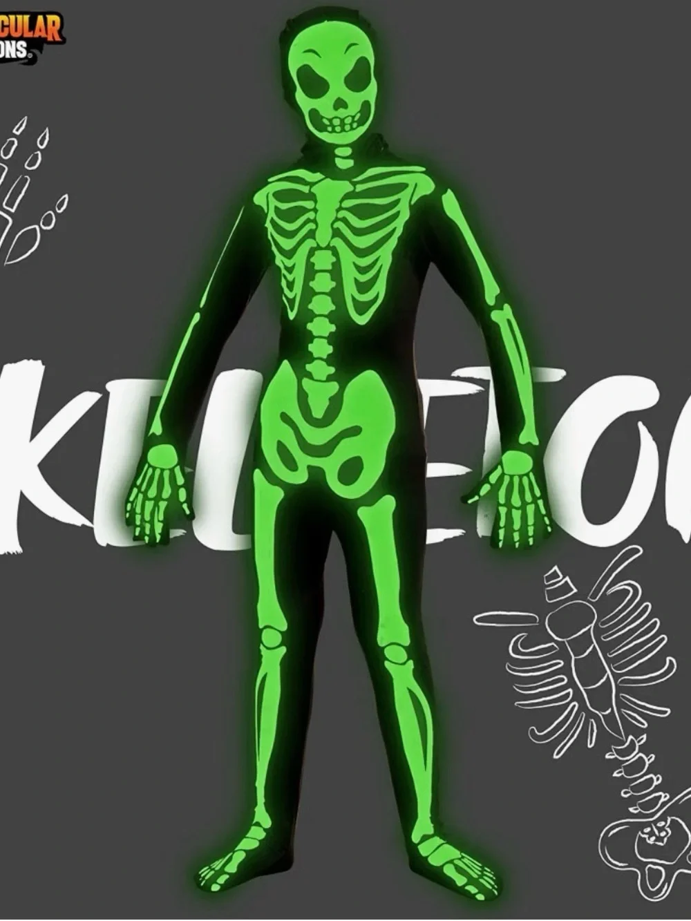 Green & Black Skeleton Kids Costume S 5-7 years